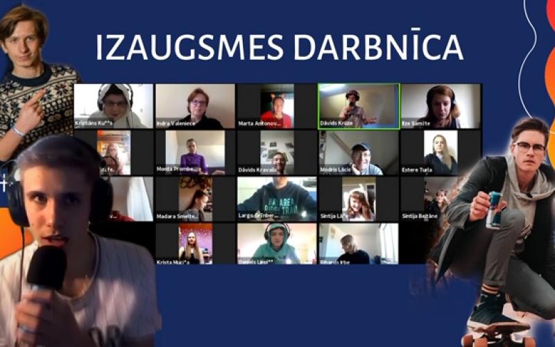 Virtuālā darbnīca ar nosaukumu "IZAUGSMES DARBNĪCA" ar dalībnieku videozvanu ekrānu režģi. Lielākā attēlā redzama persona ar mikrofonu un cita persona uz skrituļdēļa, radot dinamisku un saistošu atmosfēru.