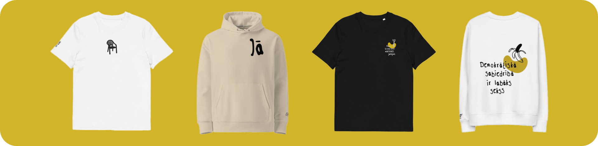 Četri apģērba elementi uz dzeltena fona: balts T-krekls, bēša kapučjaka, melns T-krekls un balts sporta džemperis, katrs ar unikālām apdrukām un dizainu.